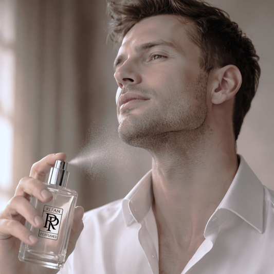 Man spraying perfume from a Refan RPR bottle